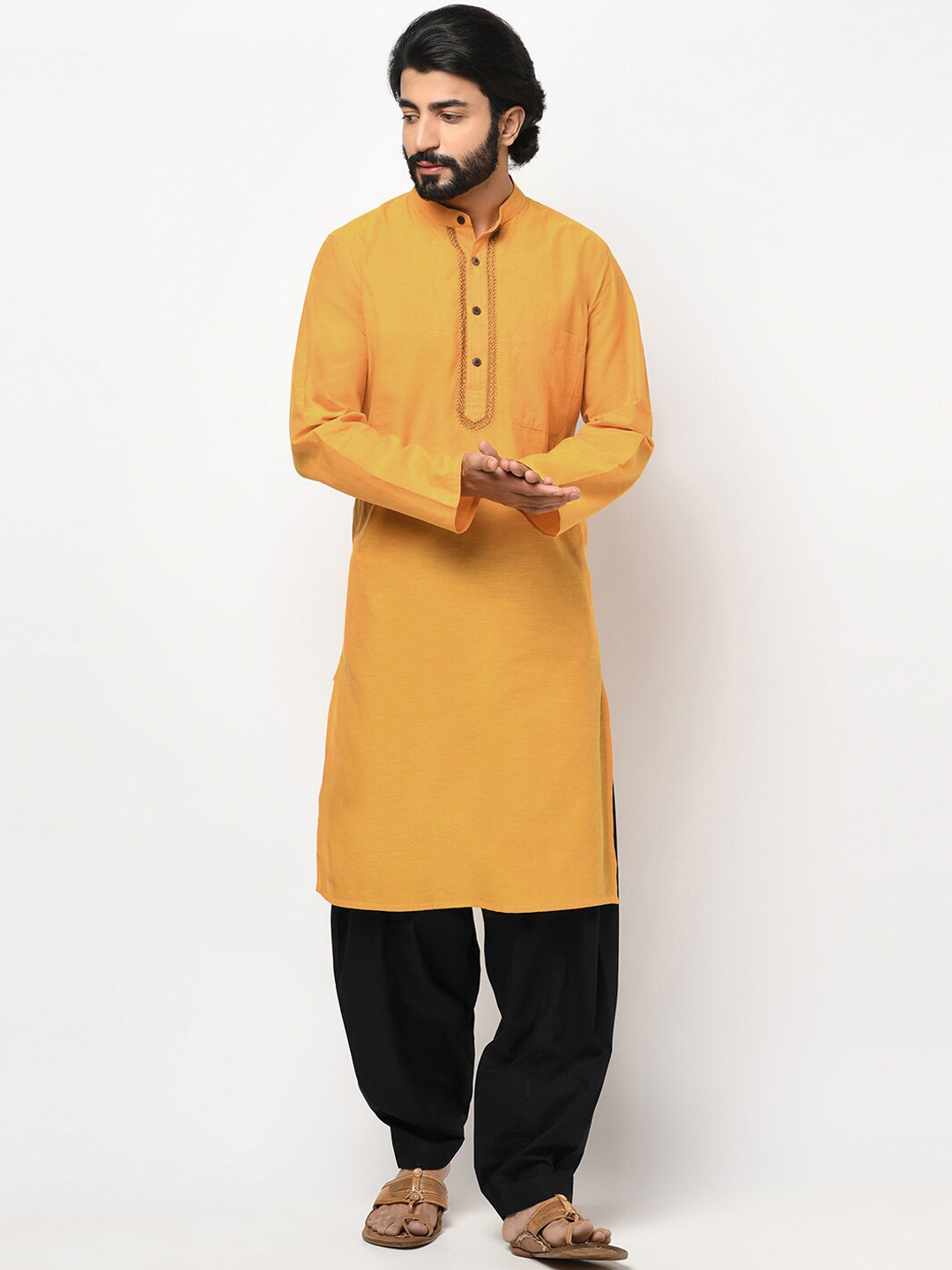 

Fabindia Men Mustard Yellow Thread Work Mandarin Collar Straight Kurta