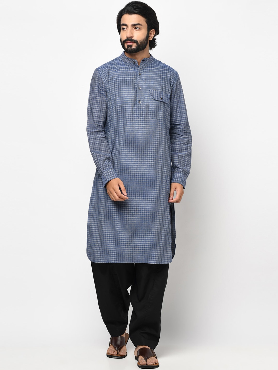 

Fabindia Men Blue Checked Cotton Kurta