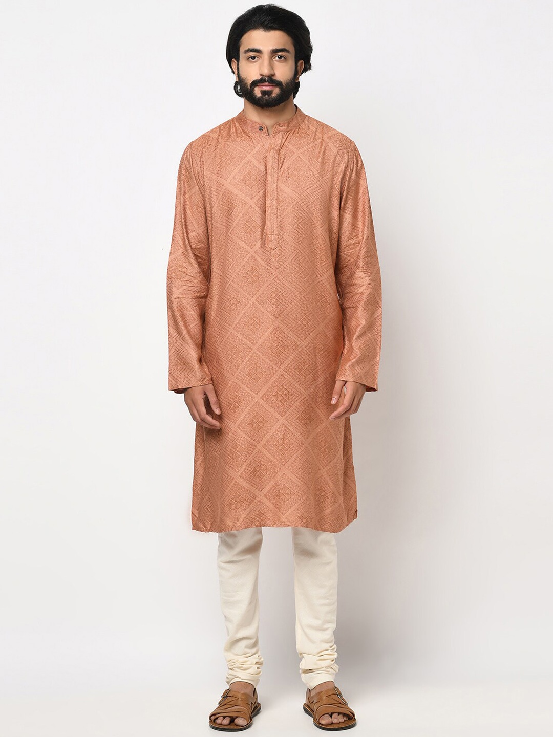 

Fabindia Men Peach-Coloured Woven Design Kurta