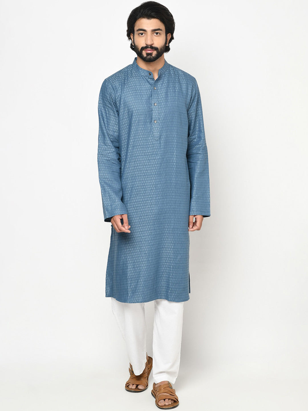 

Fabindia Men Blue Geometric Linen Kurta