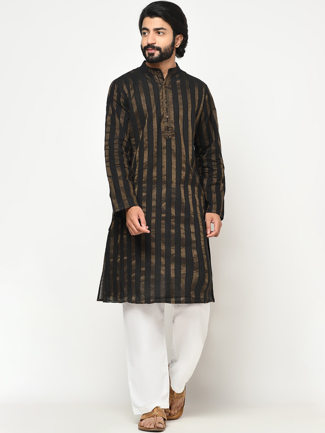 

Fabindia Men Black Striped Cotton Kurta