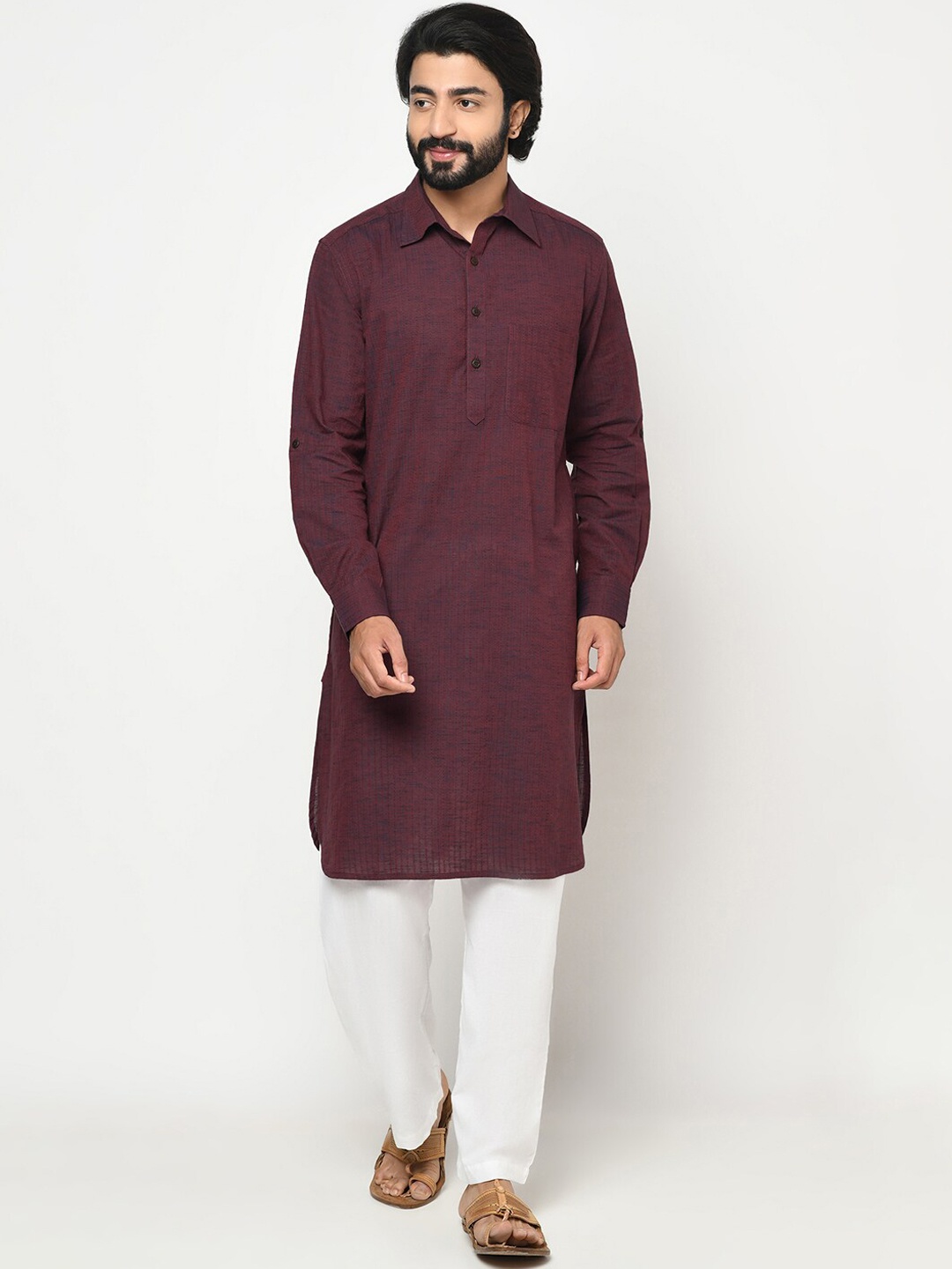 

Fabindia Men Maroon Striped Thread Work Pathani Kurta