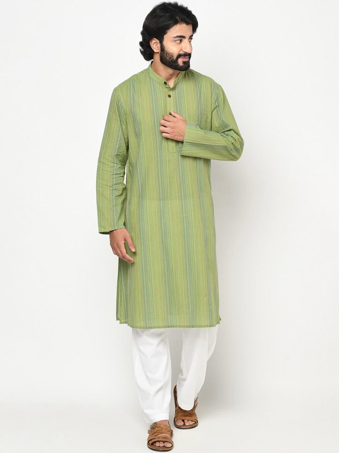 

Fabindia Men Green & Blue Striped Kurta