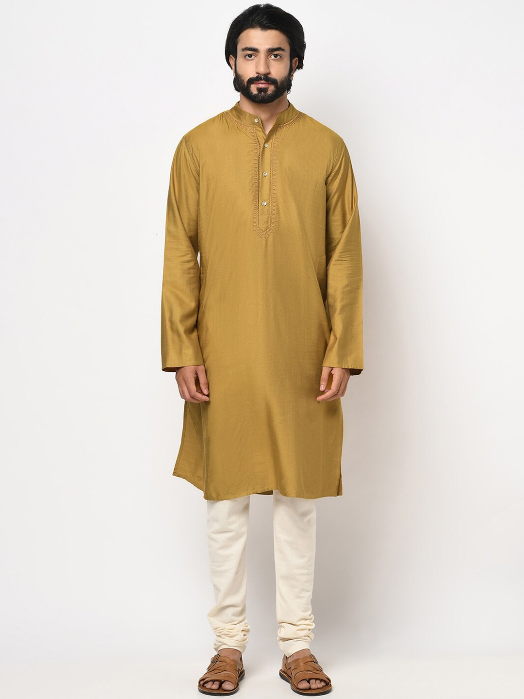

Fabindia Men Mustard Yellow Yoke Design Thread Work Kurta