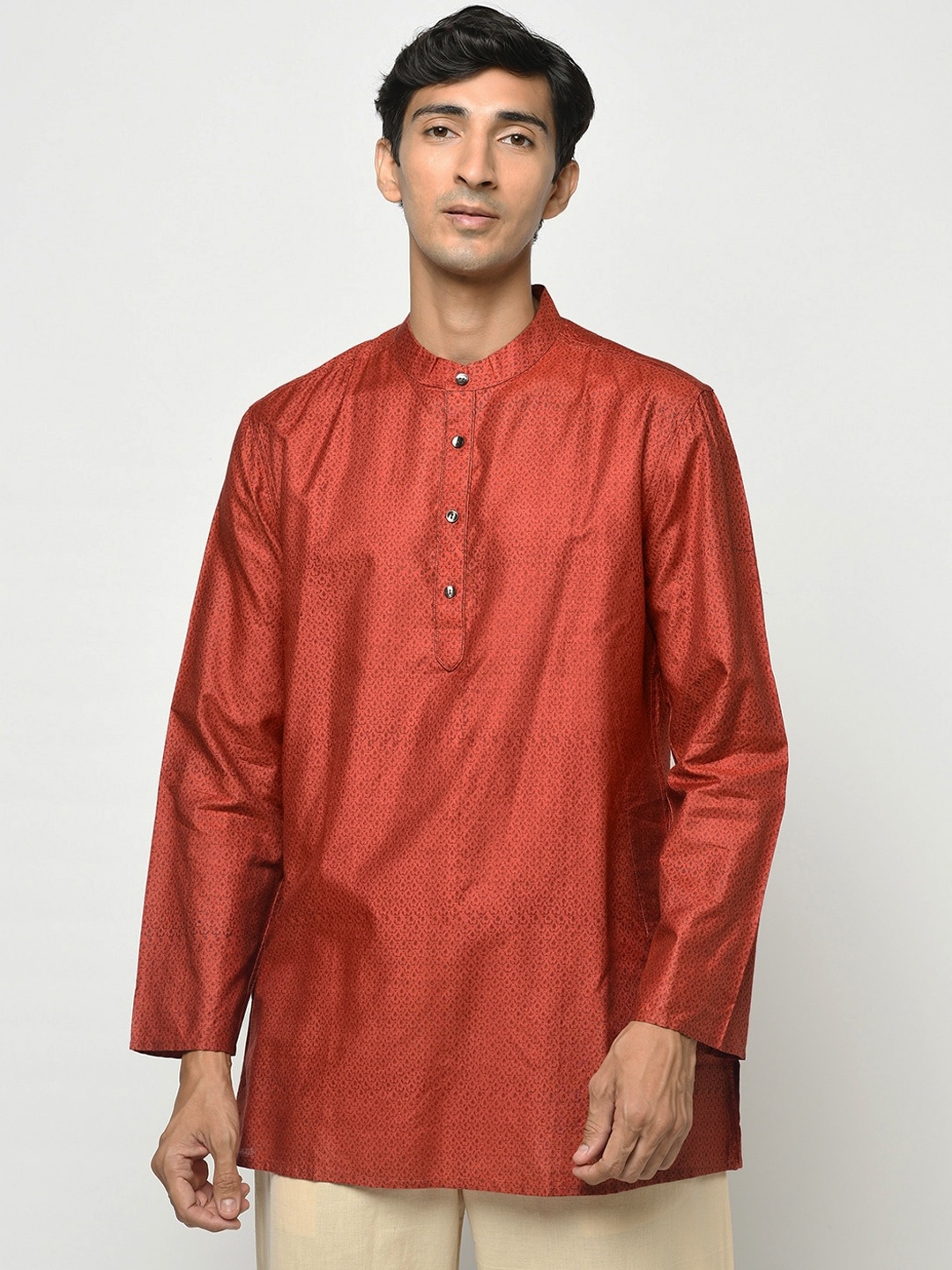 

Fabindia Men Rust Printed Mandarin Collar Short Kurta