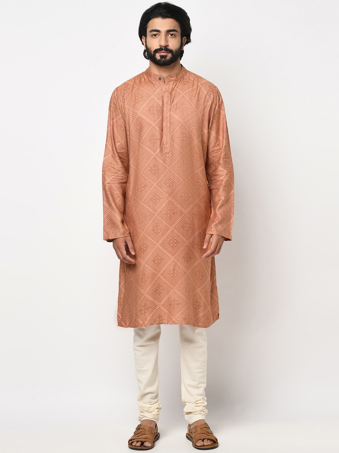 

Fabindia Men Peach-Coloured Geometric Kurta