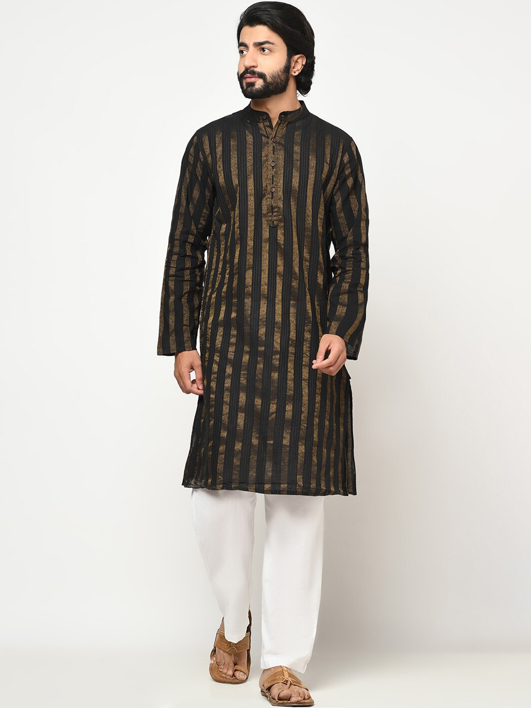 

Fabindia Men Black Striped Cotton Kurta