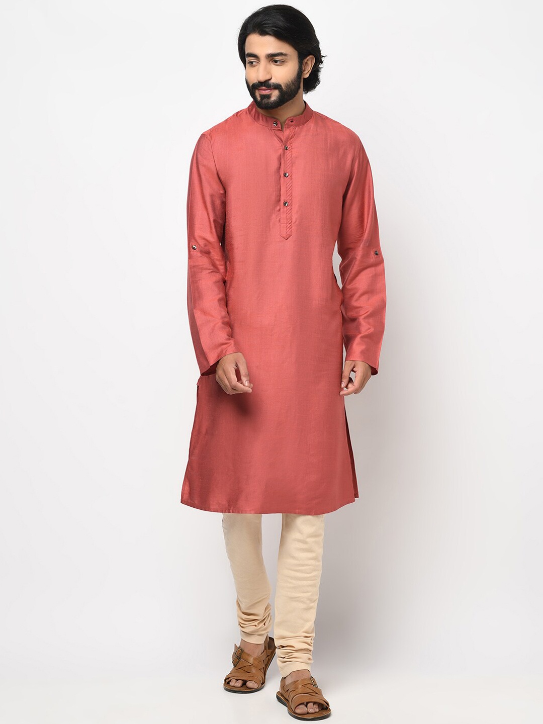 

Fabindia Men Pink Solid Roll-Up Sleeves Kurta