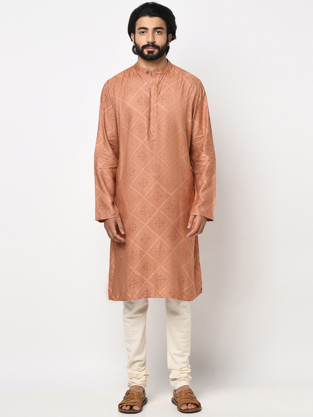 

Fabindia Men Peach-Coloured Thread Work Kurta