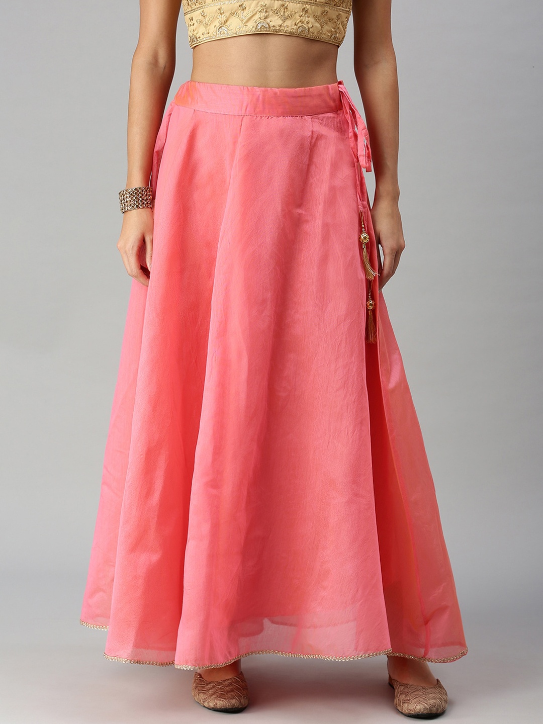 

De Moza Women Coral Coloured Solid Flared Maxi-Skirt
