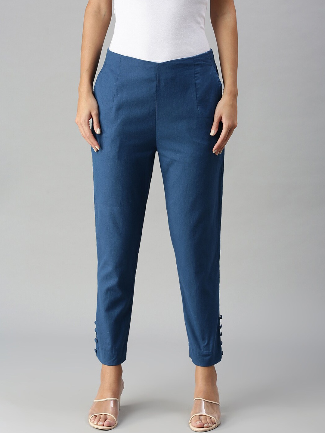

De Moza Women Blue Solid Skinny Fit Cigarette Trousers