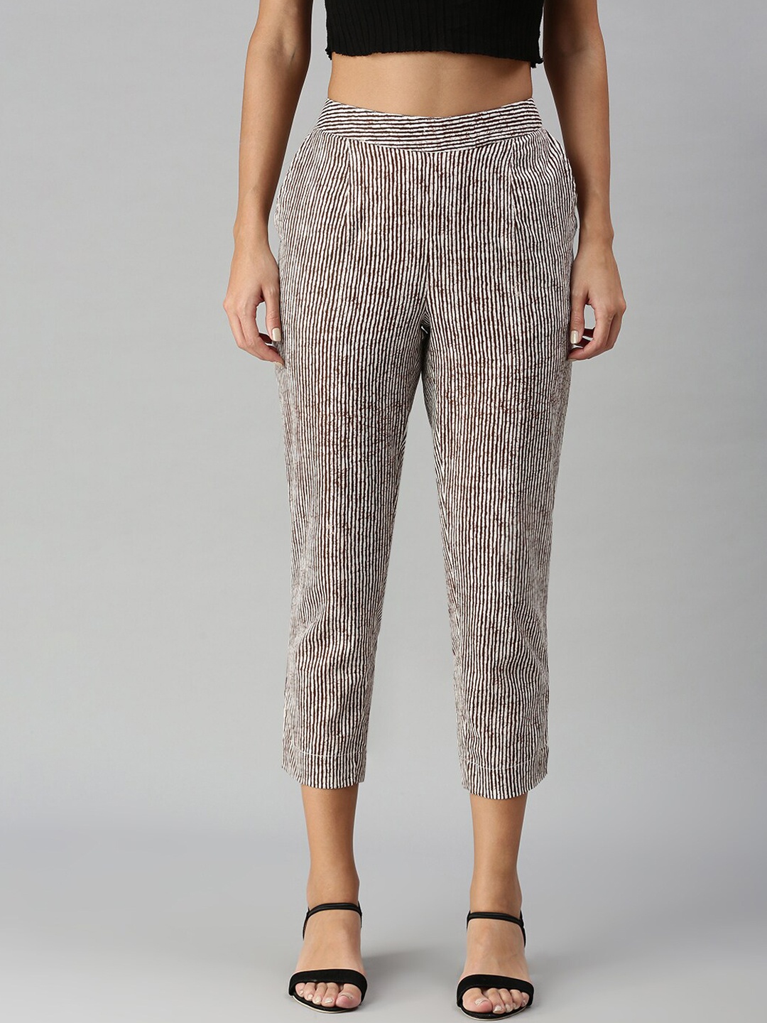 

De Moza Women White Striped Tapered Fit Peg Trousers