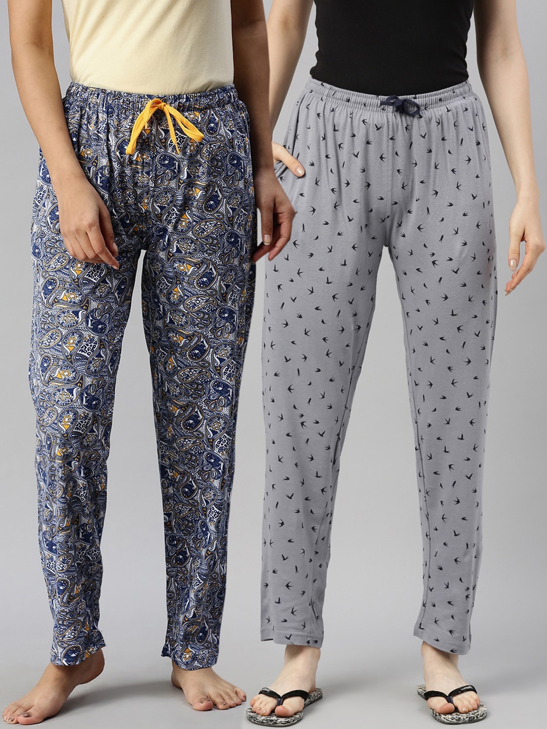 

Kryptic Women Pack Of 2 Printed Pure Cotton Lounge Pants, Blue