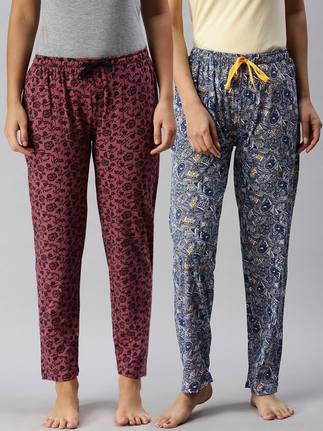

Kryptic Women Pack of 2 Blue & Maroon Printed Pure Cotton Lounge Pants