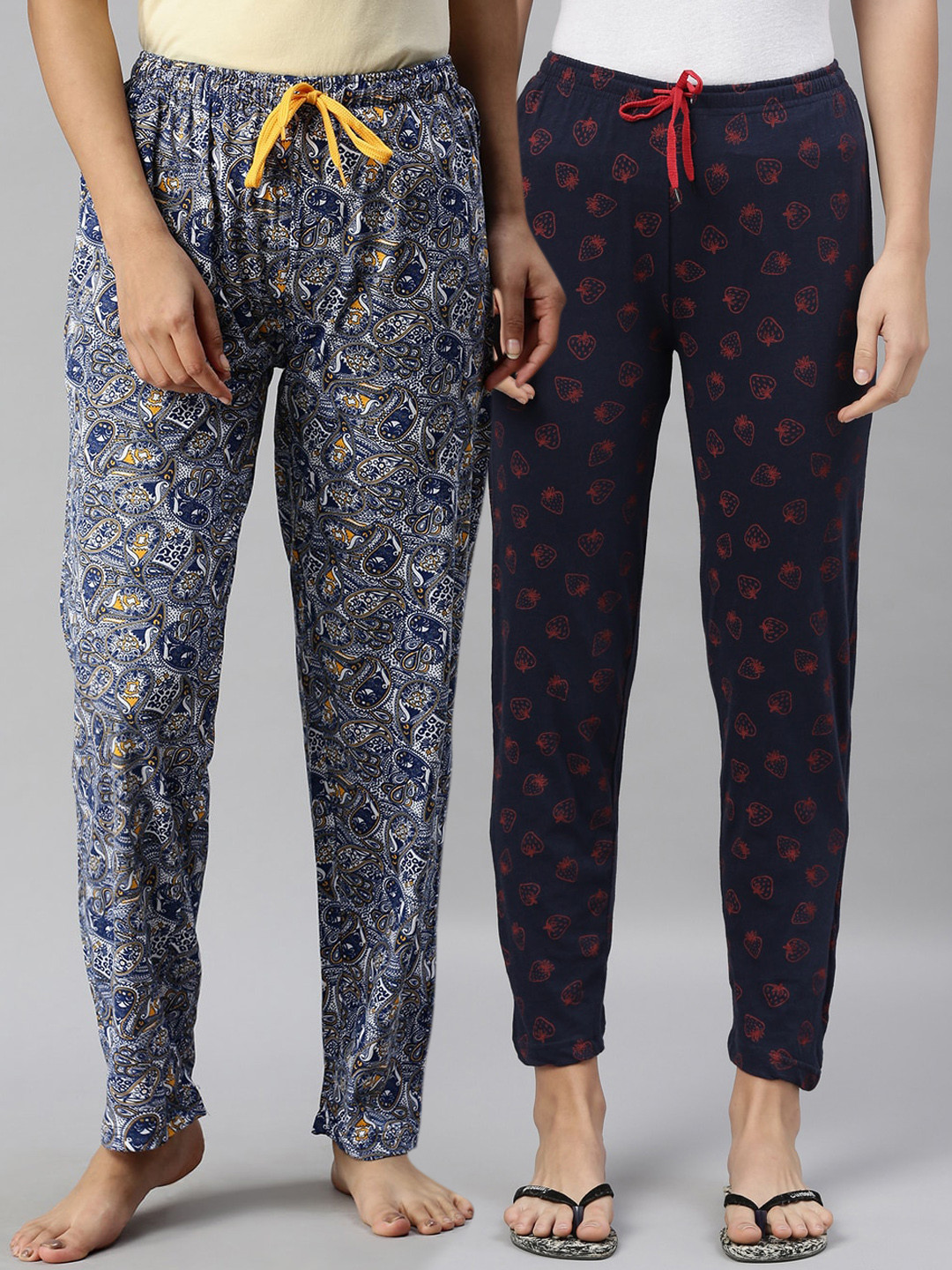 

Kryptic Women Pack Of 2 Printed Straight Cotton Lounge Pants, Blue