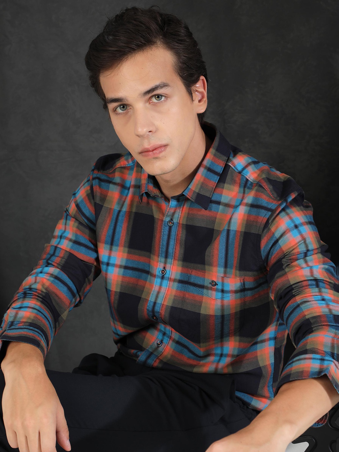 

RARE RABBIT Men Navy Blue Slim Fit Tartan Checked Casual Shirt