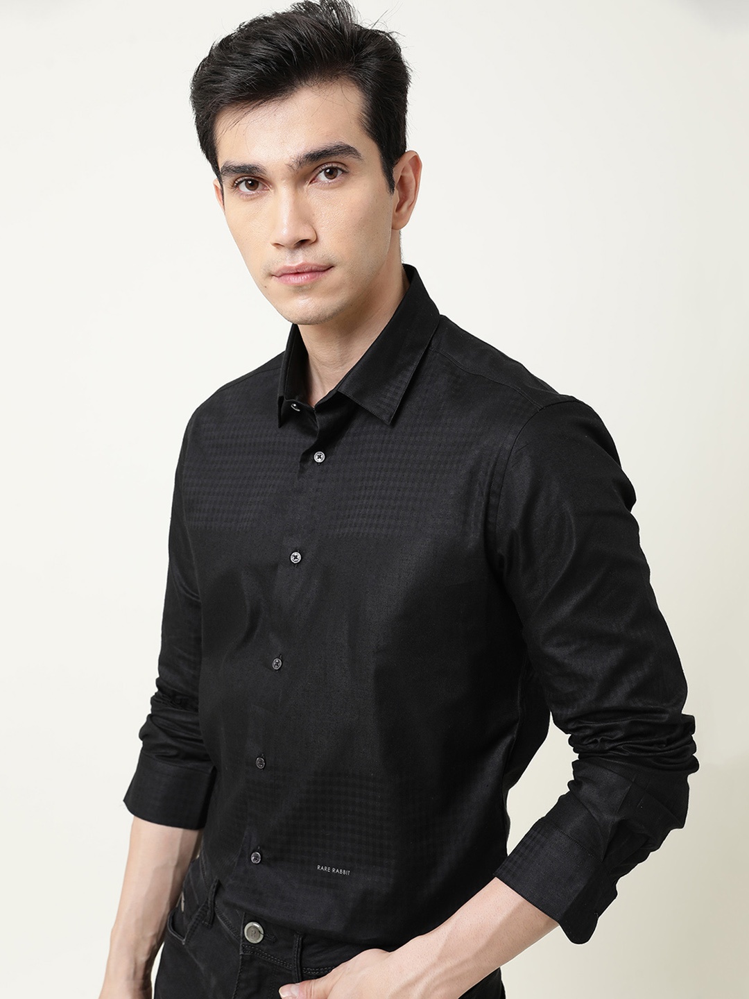 

RARE RABBIT Men Boxxi Slim Fit Opaque Cotton Shirt, Black