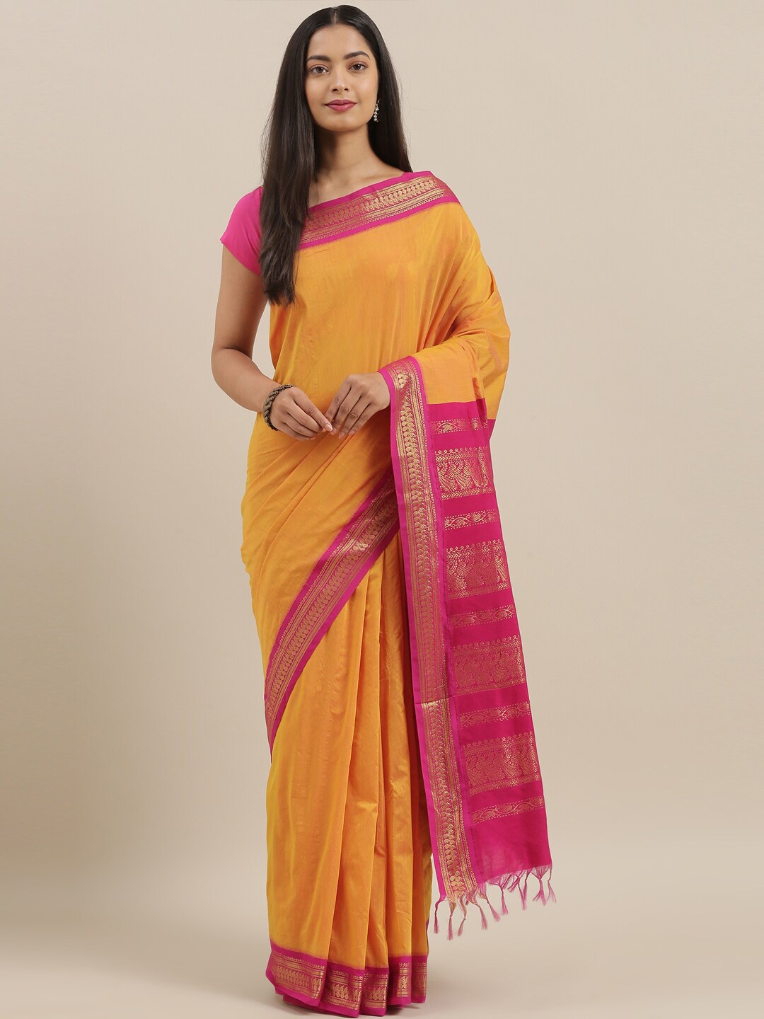 

The Chennai Silks Mustard & Fuchsia Zari Fusion Saree