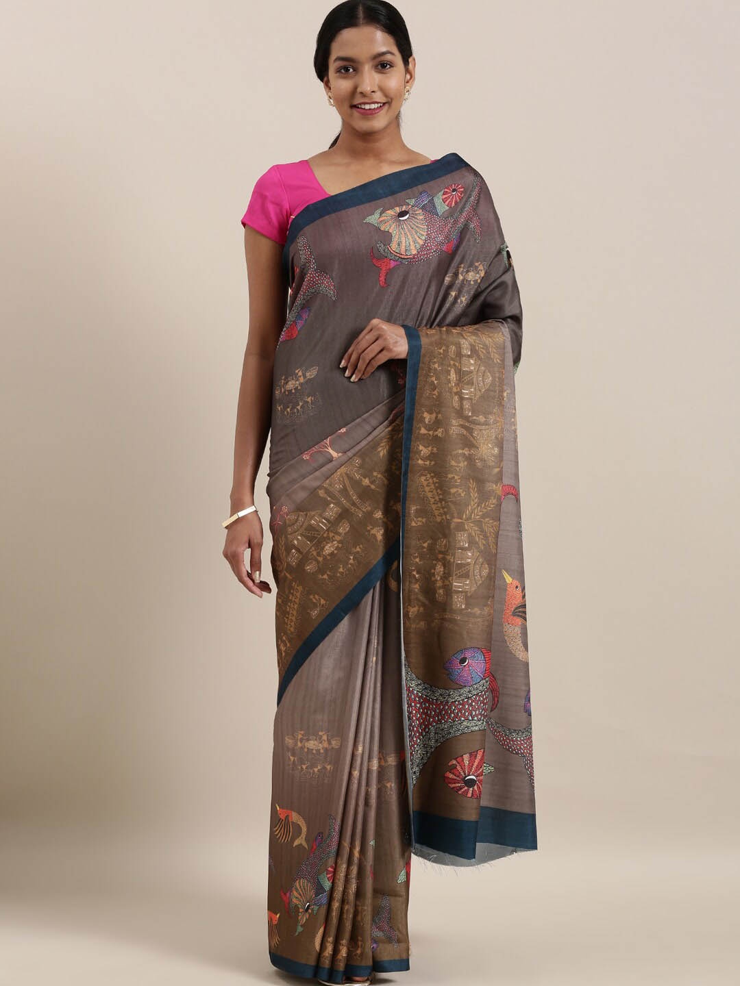 

The Chennai Silks Grey & Brown Ethnic Motifs Printed Saree
