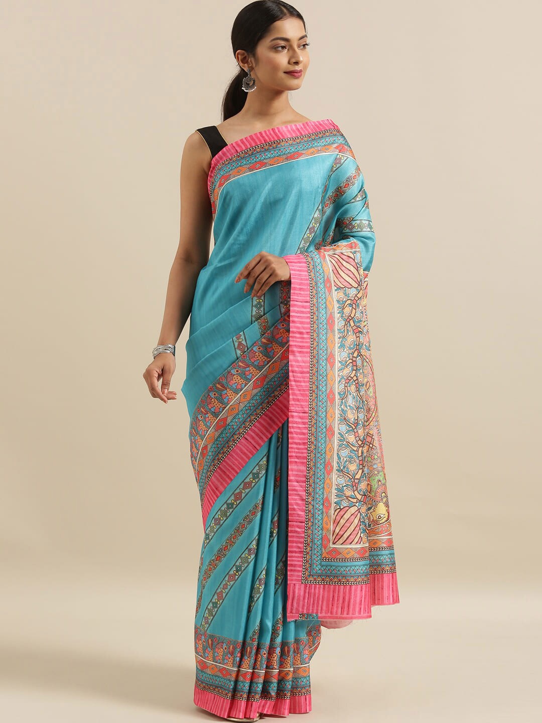 

The Chennai Silks Blue & Pink Kalamkari Printed Saree