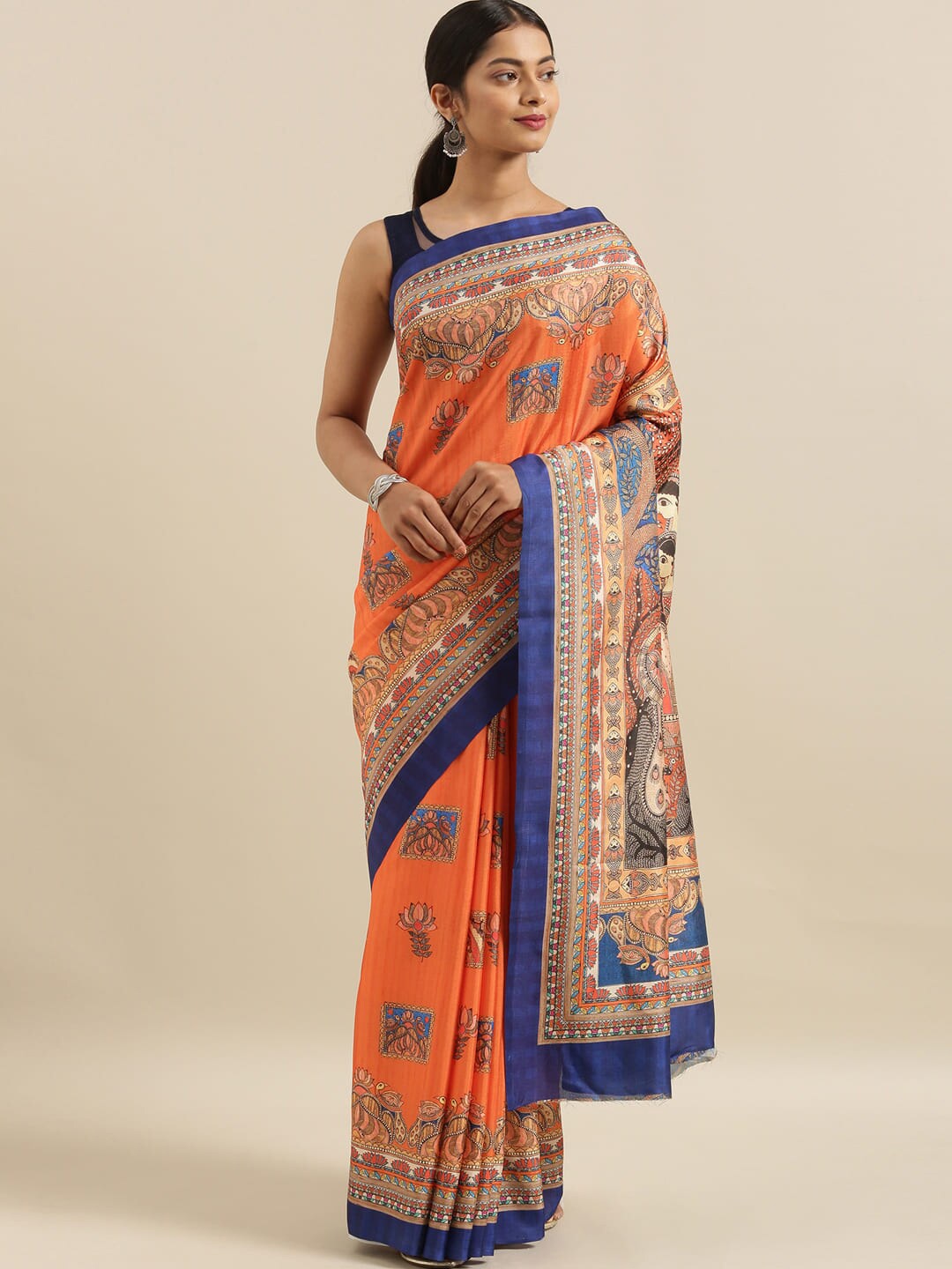

The Chennai Silks Orange & Blue Ethnic Printed Motifs Saree