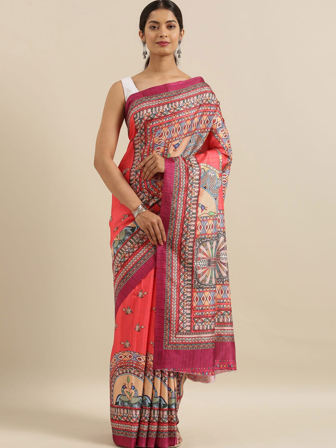 

The Chennai Silks Coral & Black Ethnic Motifs Saree