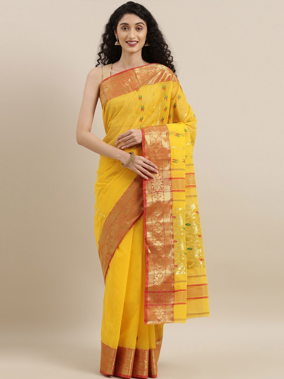 

The Chennai Silks Yellow & Red Ethnic Motifs Zari Pure Bengal Cotton Taant Saree