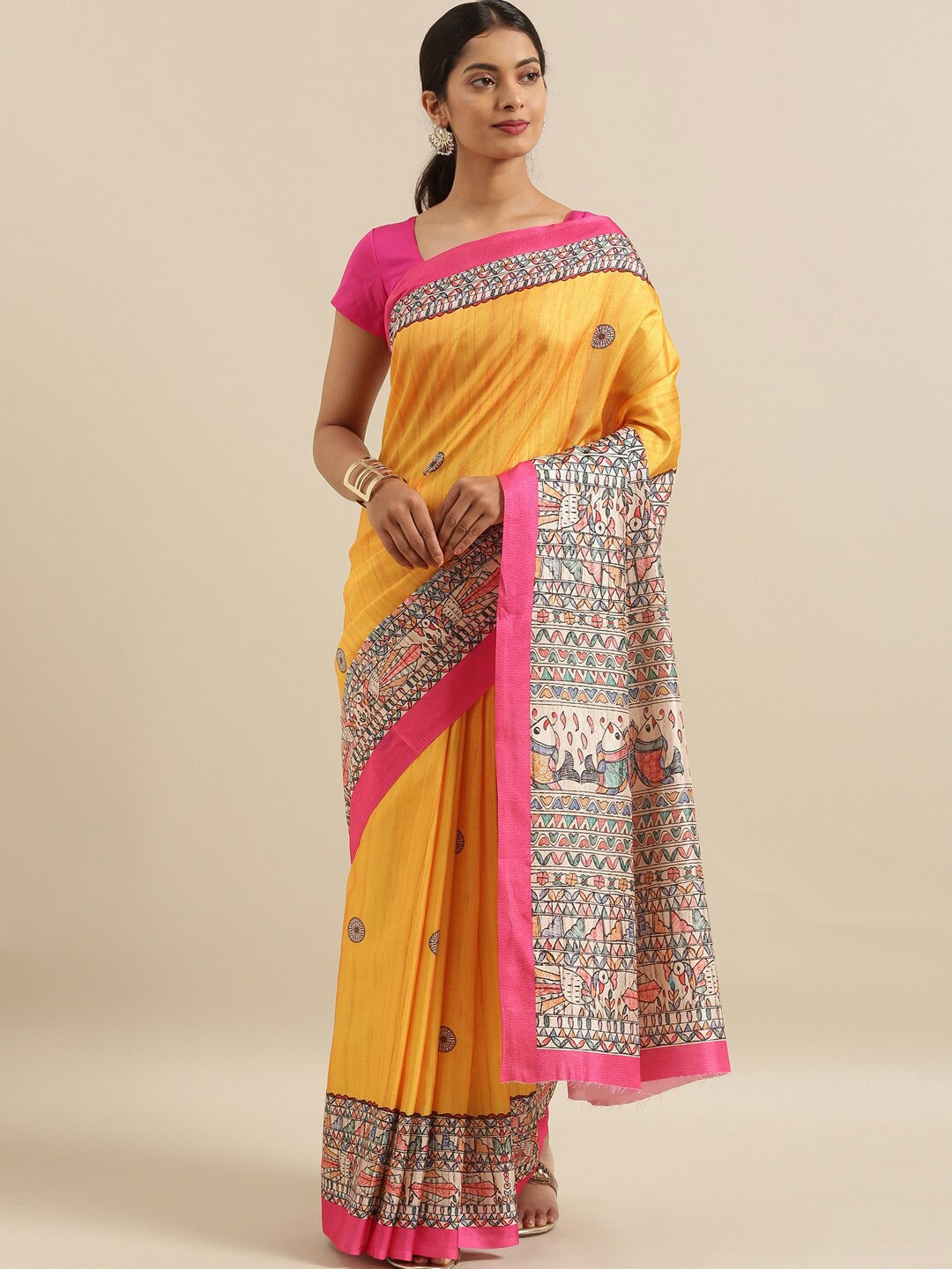 

The Chennai Silks Yellow & Pink Floral Fusion Saree
