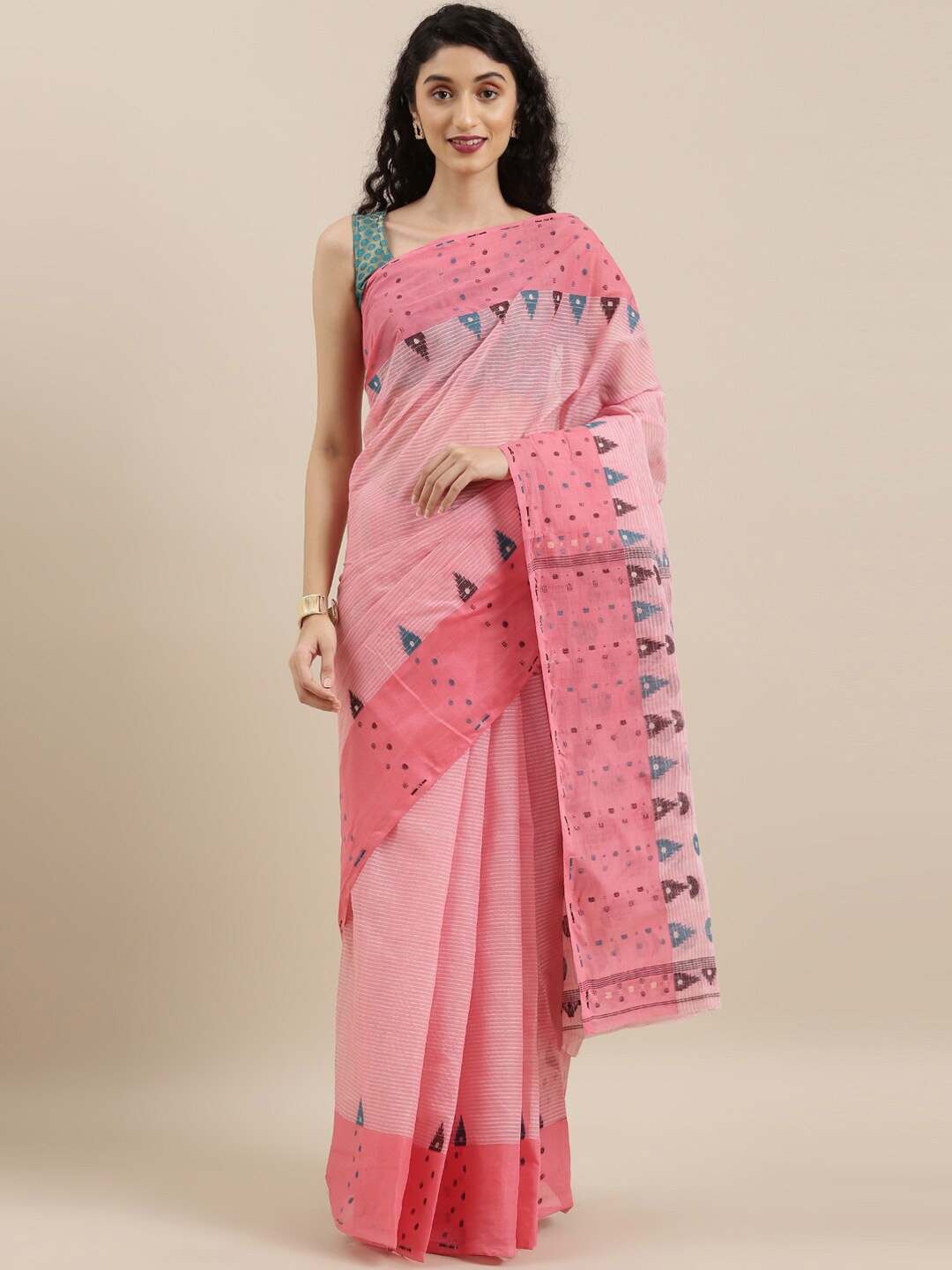 

The Chennai Silks Pink Geometric Woven Design Bengal Taant Cotton Saree