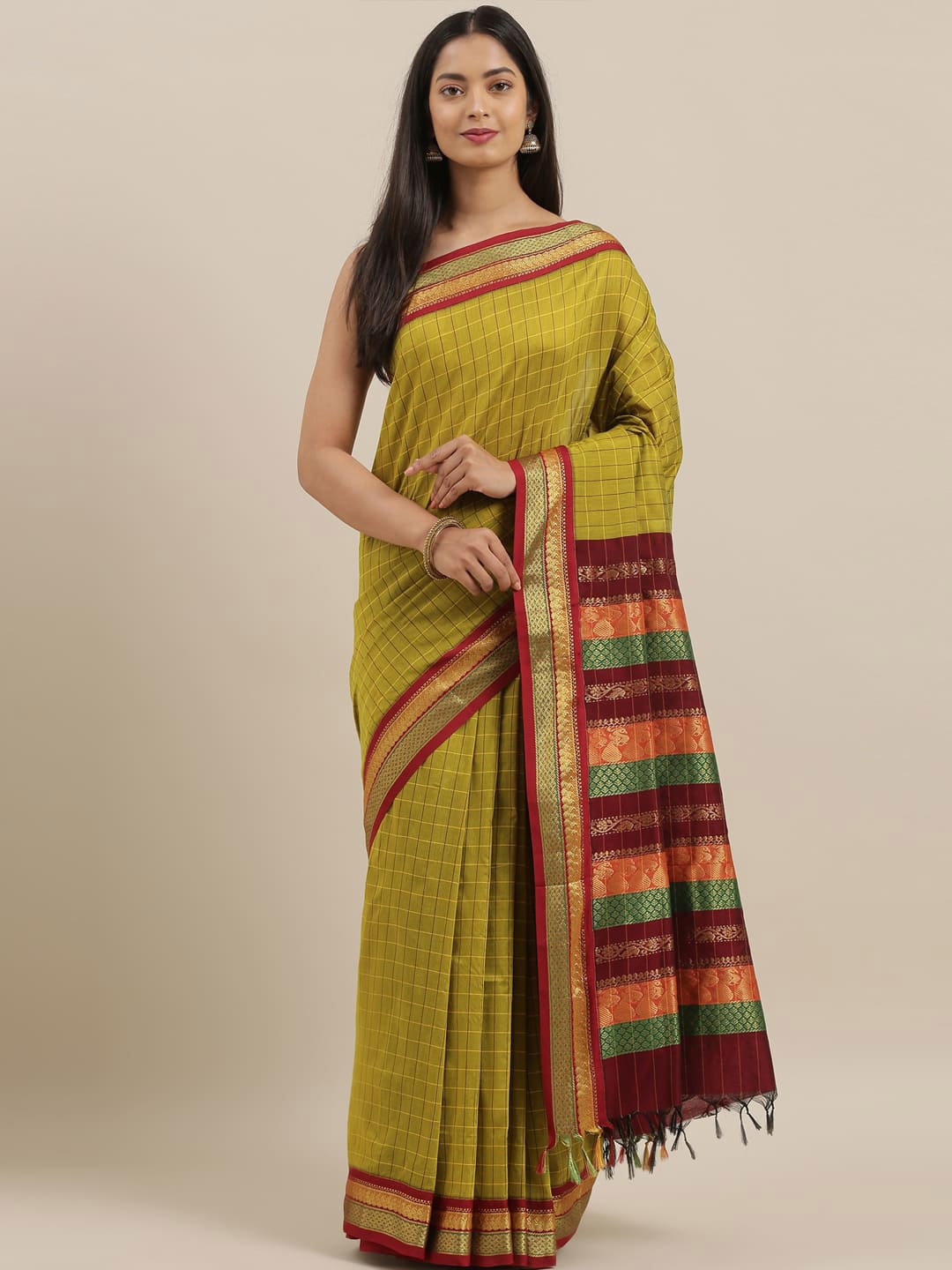 

The Chennai Silks Olive Green & Mustard Checked Zari Saree
