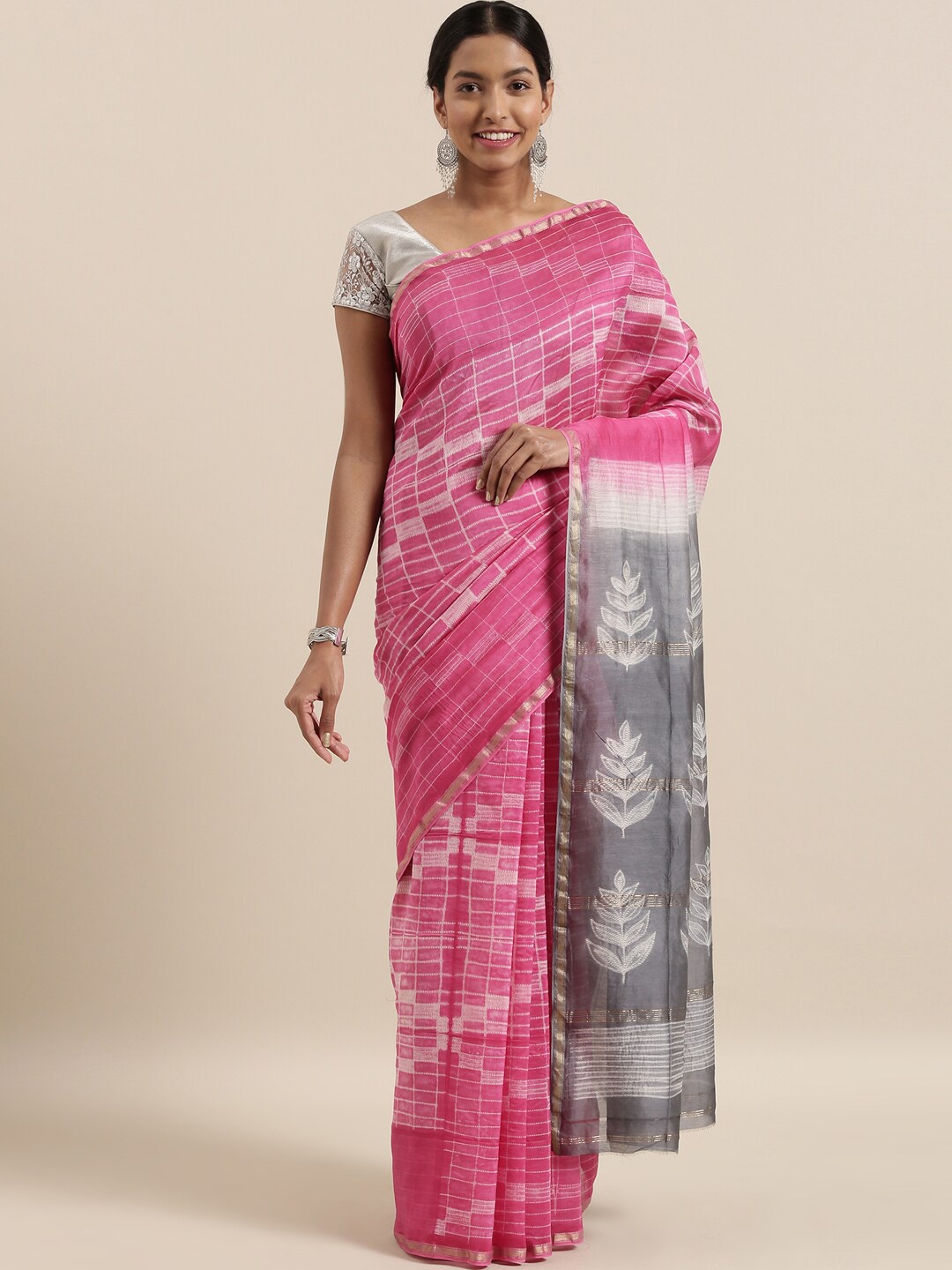 

The Chennai Silks Pink & Grey Floral Printed Zari Pure Cotton Saree