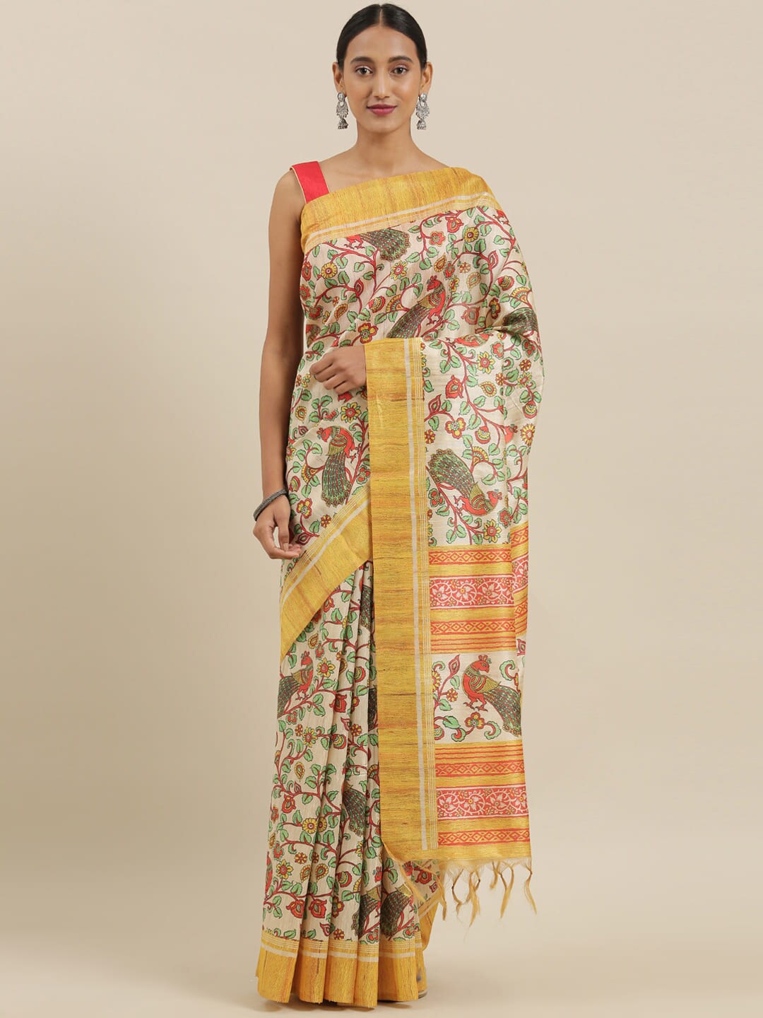 

The Chennai Silks Beige & Yellow Floral Printed Zari Banarasi Saree