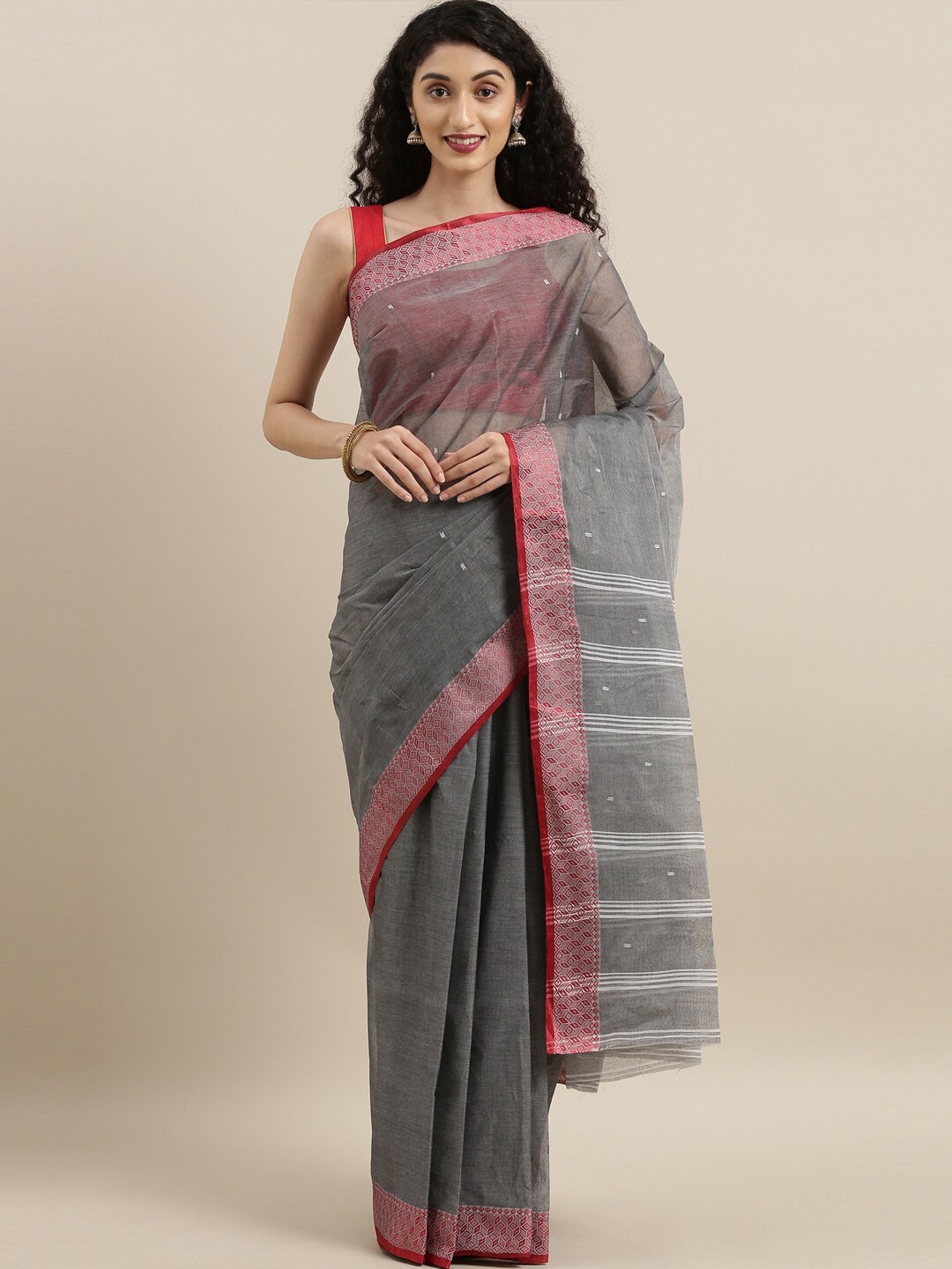 

The Chennai Silks Grey & Red Woven Design Pure Cotton Bengal Taant Saree
