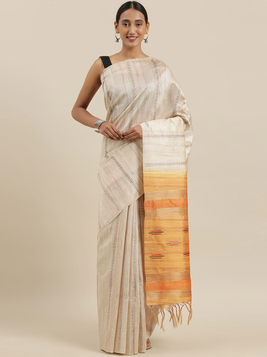 

The Chennai Silks Beige & Orange Striped Banarasi Saree