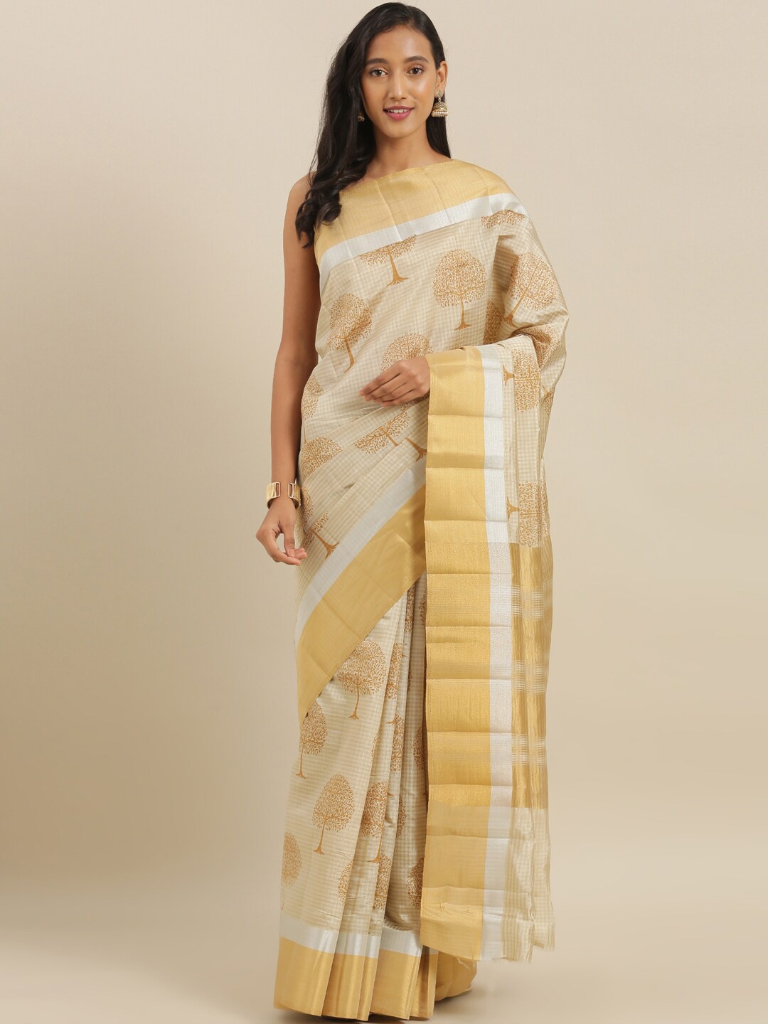 

The Chennai Silks Beige & Gold-Toned Floral Zari Jute Cotton Banarasi Saree