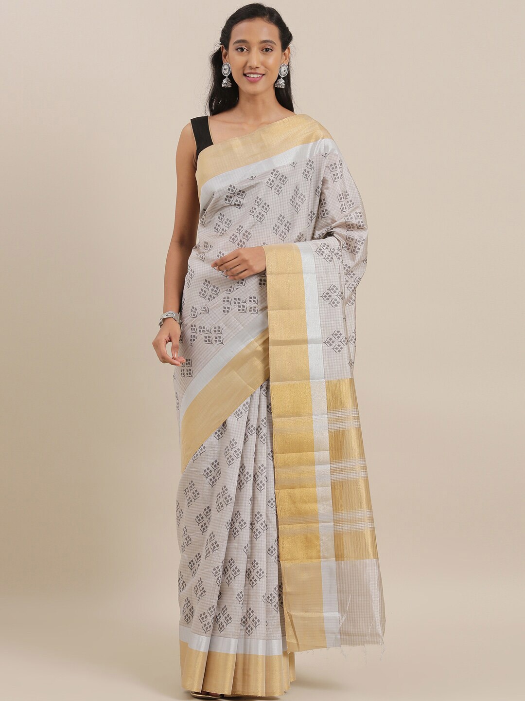 

The Chennai Silks Grey & Gold-Coloured Ethnic Motifs Zari Jute Cotton Banarasi Saree