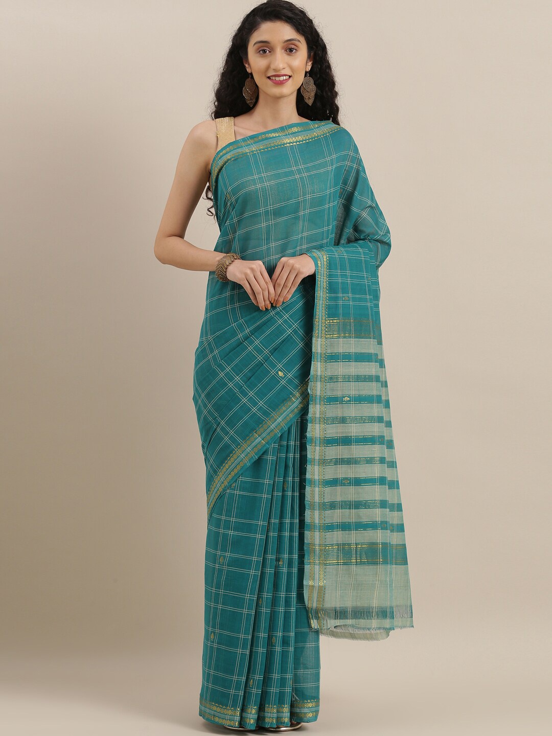 

The Chennai Silks Green & Gold-Toned Checked Zari Pure Cotton Fusion Saree