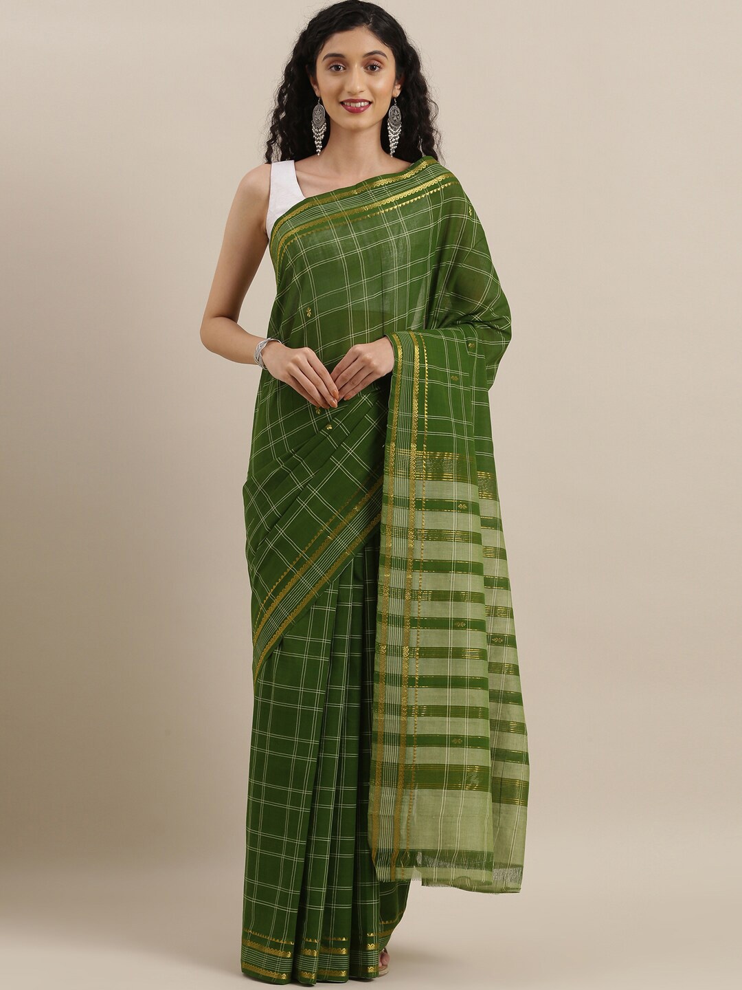 

The Chennai Silks Green & Gold-Toned Checked Zari Pure Cotton Fusion Saree