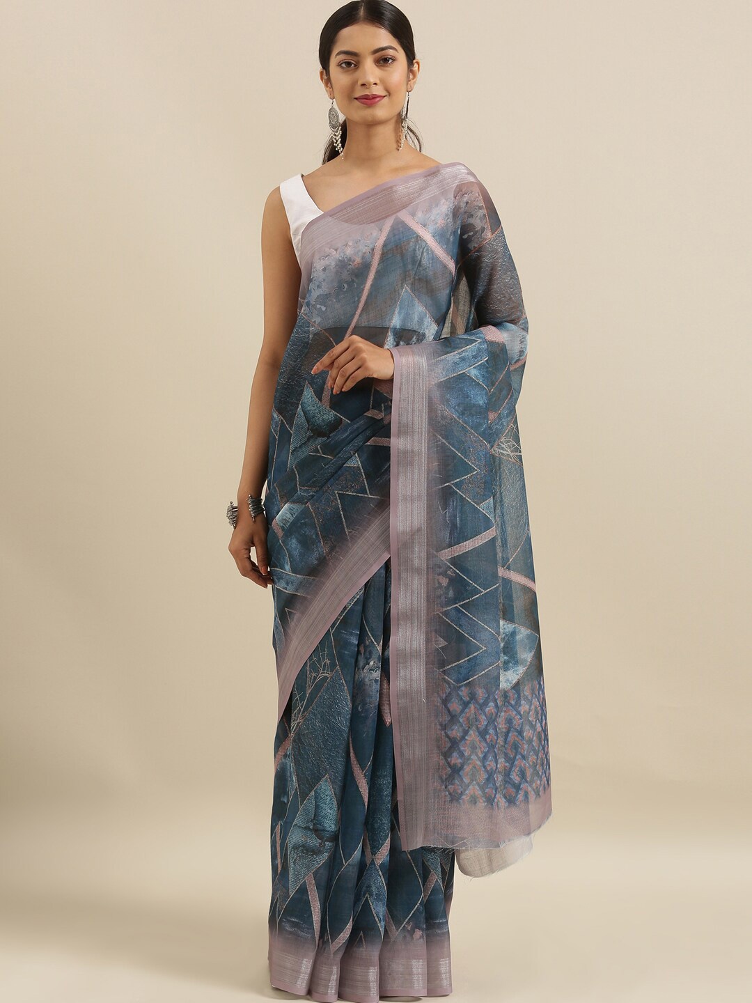 

The Chennai Silks Blue & Mauve Zari Linen Blend Saree