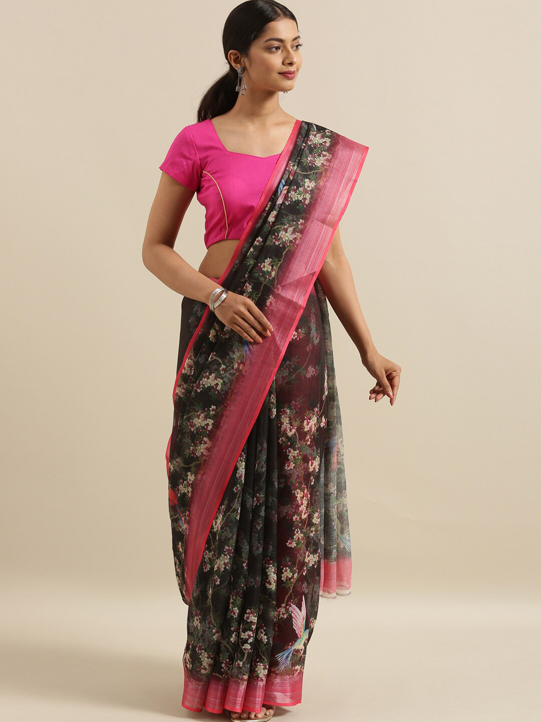 

The Chennai Silks Grey & Pink Floral Printed Linen Blend Saree