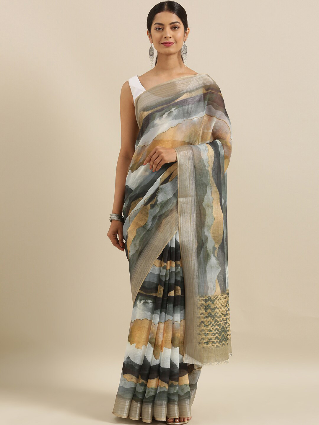 

The Chennai Silks Grey & White Tie and Dye Zari Linen Blend Saree