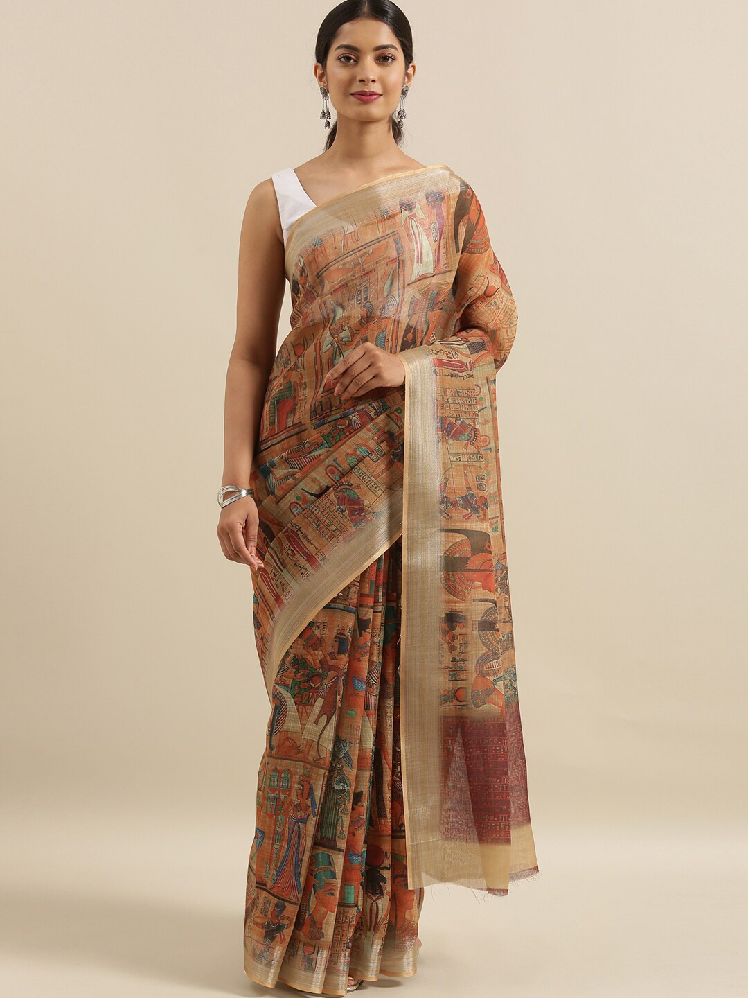

The Chennai Silks Brown & Blue Warli Zari Linen Blend Fusion Saree