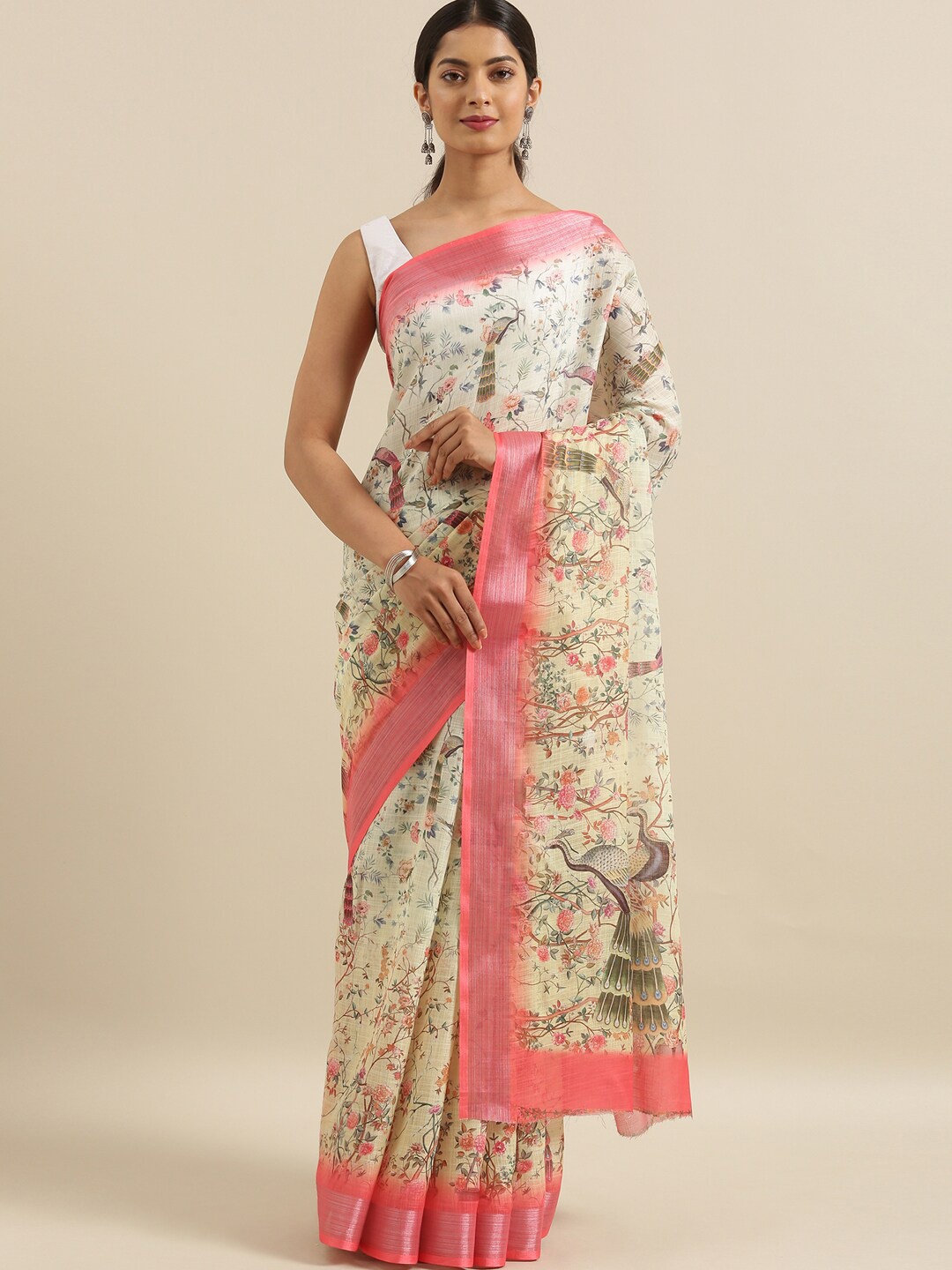 

The Chennai Silks Yellow & Pink Floral Printed Zari Saree