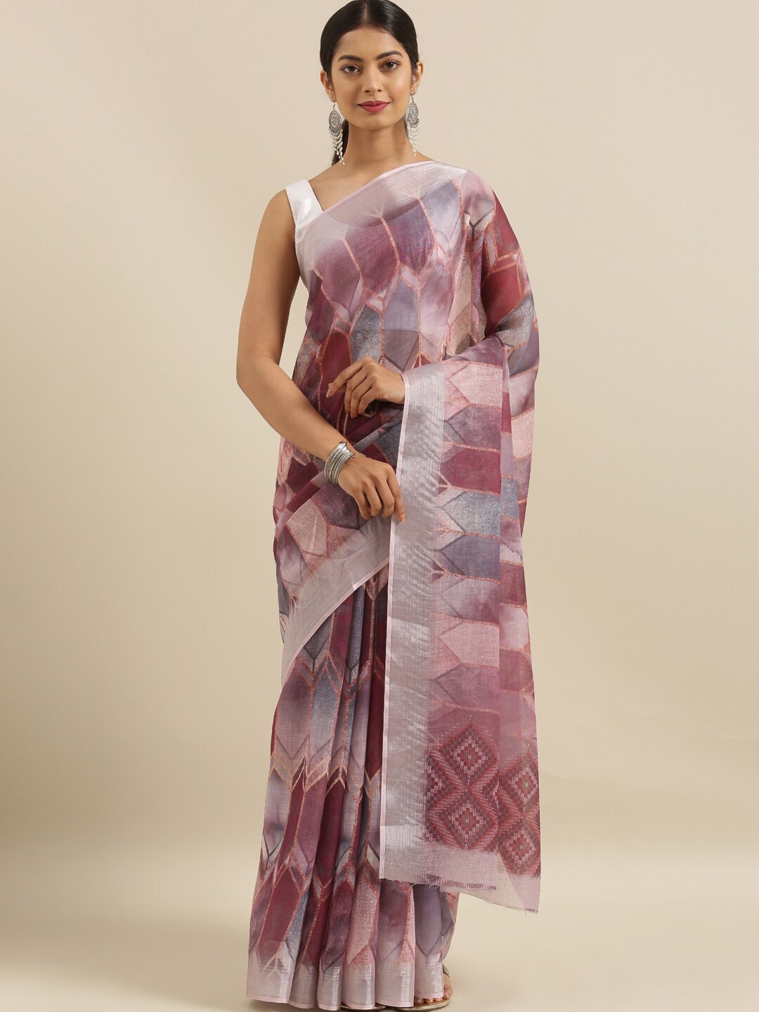 

The Chennai Silks Pink & Grey Geometric Printed Linen Blend