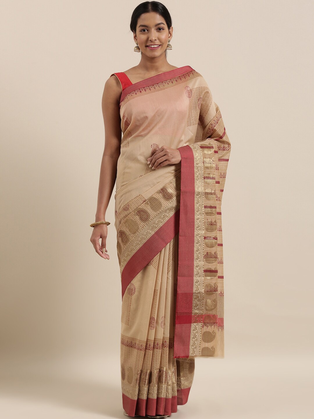 

The Chennai Silks Beige & Maroon Paisley Pure Cotton Saree