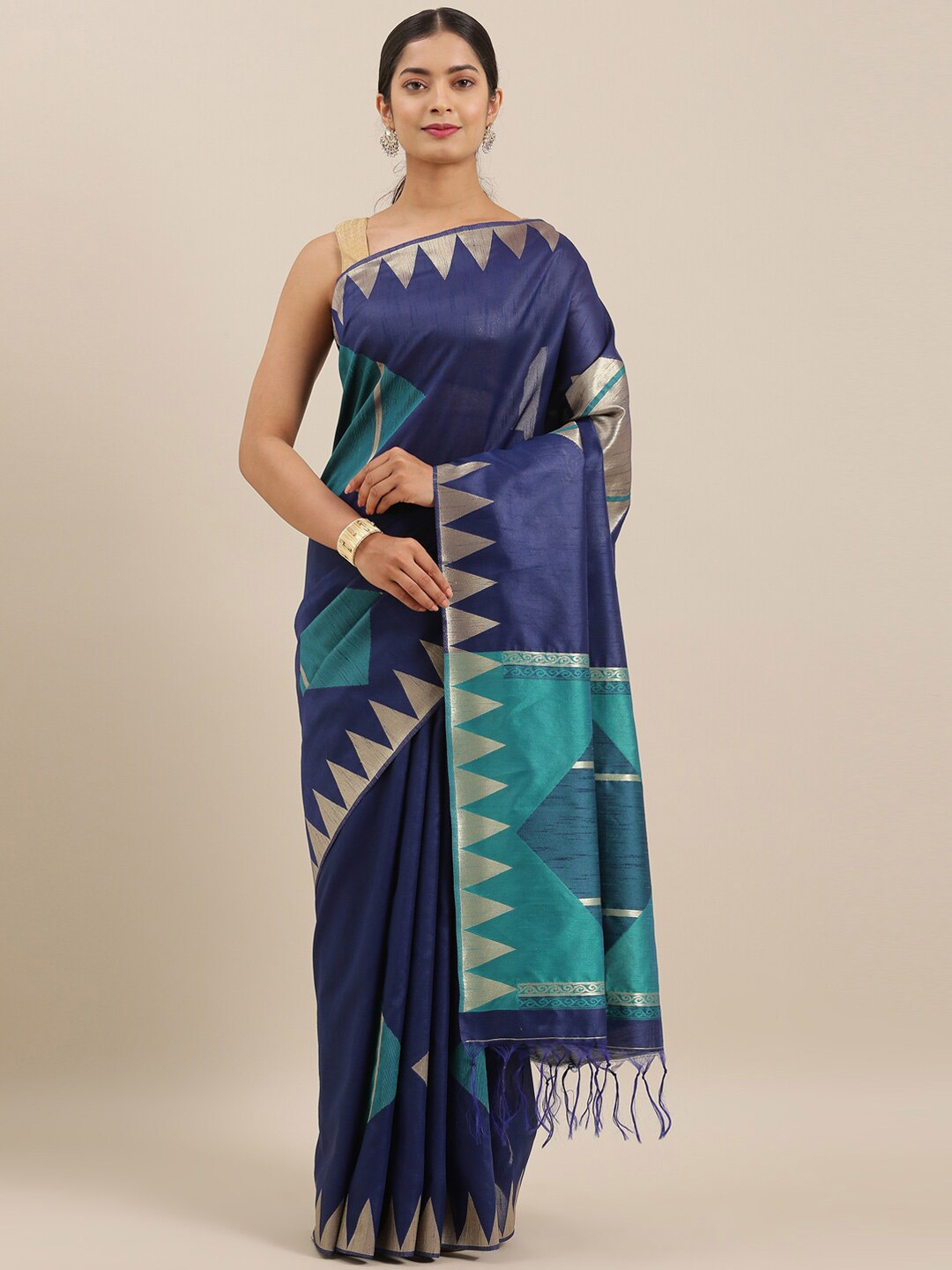 

The Chennai Silks Navy Blue & Silver-Toned Geometric Woven Design Saree
