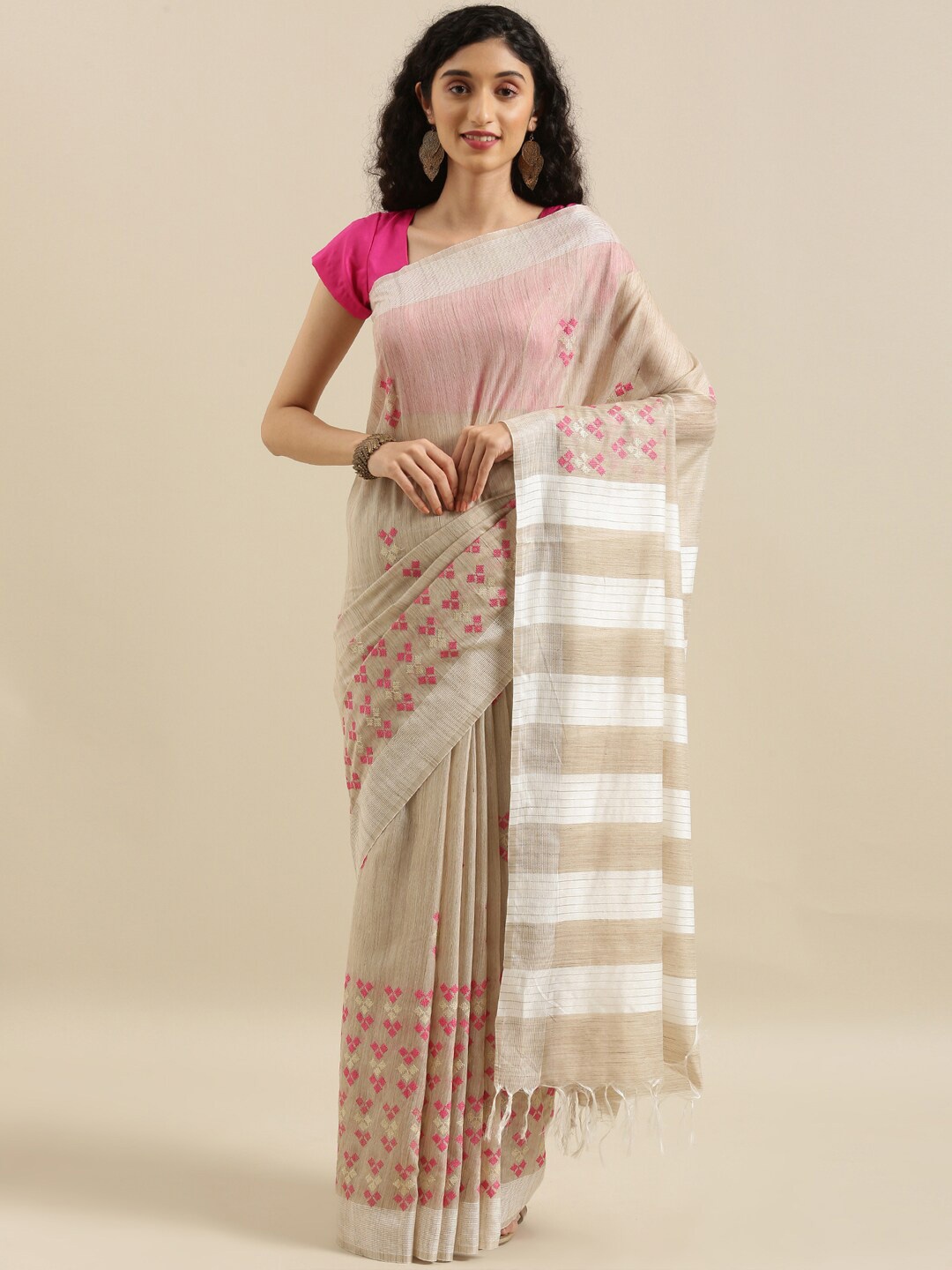 

The Chennai Silks Beige & Pink Embellished Zari Jute Cotton Fusion Saree