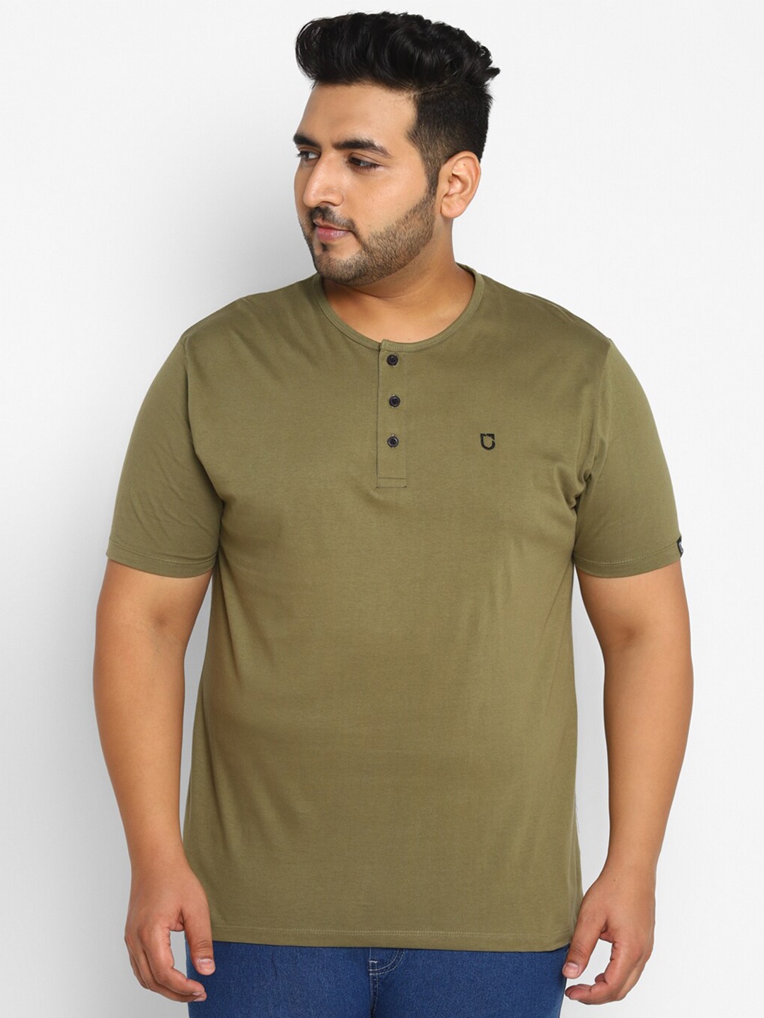 

Urbano Plus Men Olive Green Henley Neck Training or Gym T-shirt