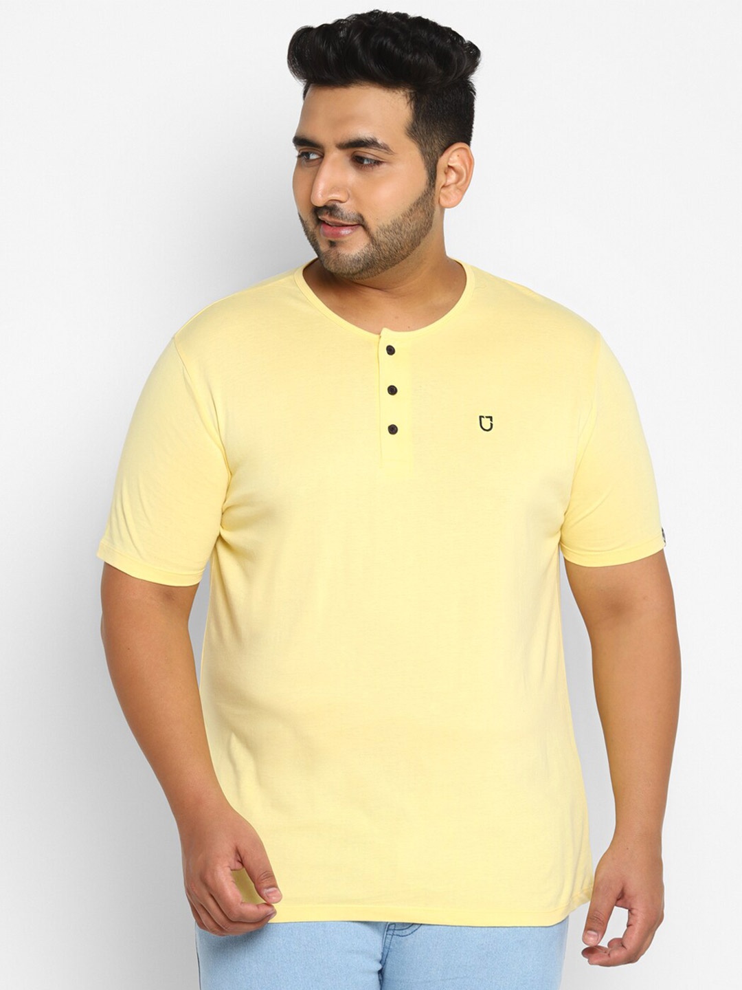 

Urbano Plus Men Yellow Henley Neck Cotton T-shirt