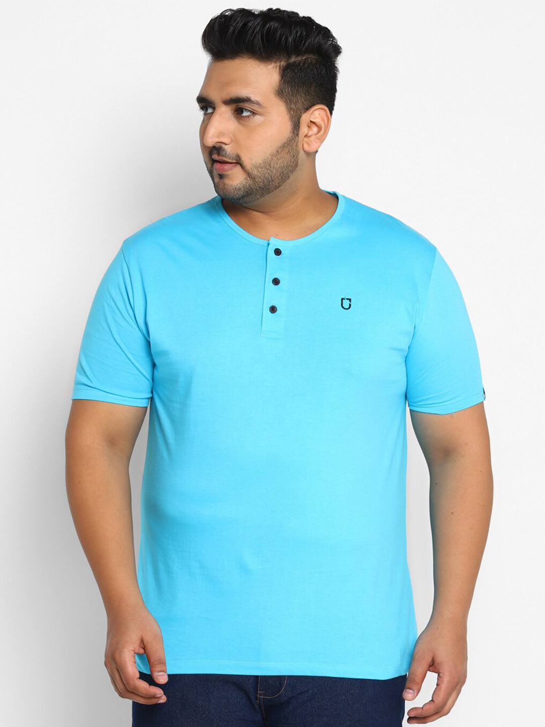 

Urbano Plus Men Plus Size Blue Henley Neck Pure Cotton T-shirt